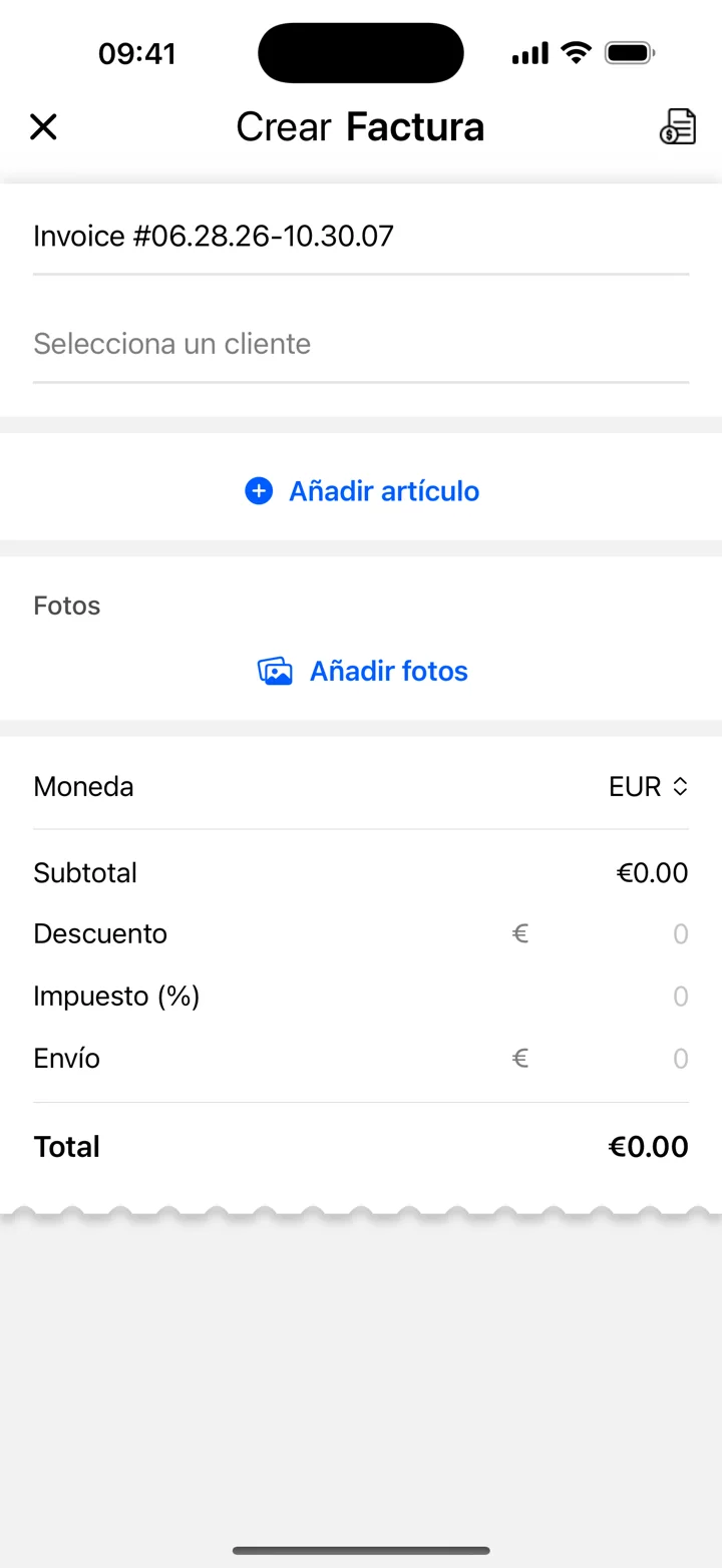Crea tu factura — Captura de la app con datos de ejemplo ficticios