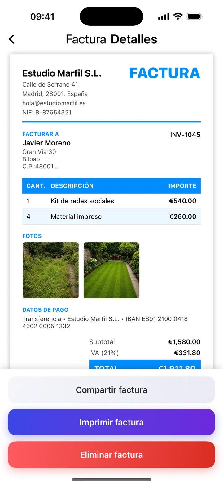 Captura de la app con datos de ejemplo ficticios
