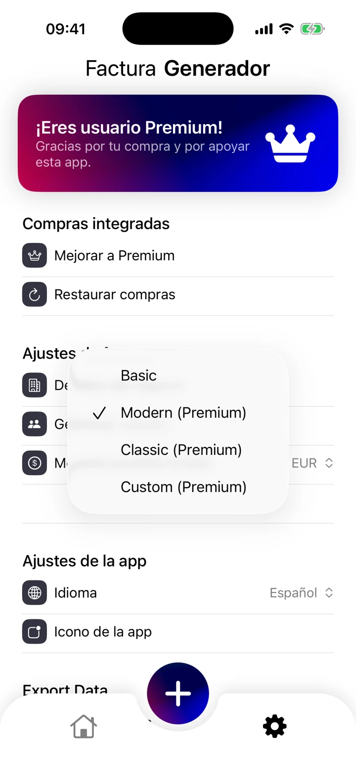 Elige tu plantilla — Captura de la app con datos de ejemplo ficticios